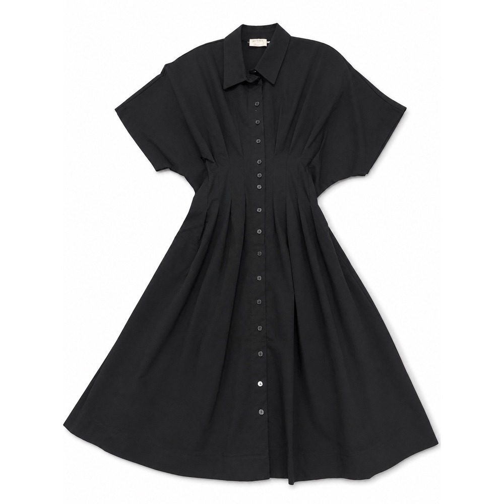 Exquise Tobie Shirt Dress Black Cinched Waist Button Down Midi Women Size MP